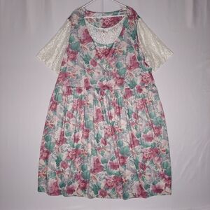 90s Vtg Floral Midi Dress 4X Multicolor Lace Short Sleeve Pocket Cottage Grandma